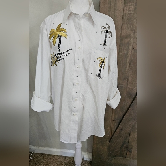 Vintage LAS OLAS Embroidered Button Down Shirt with Tropical Print White/gold. S - Picture 6 of 14